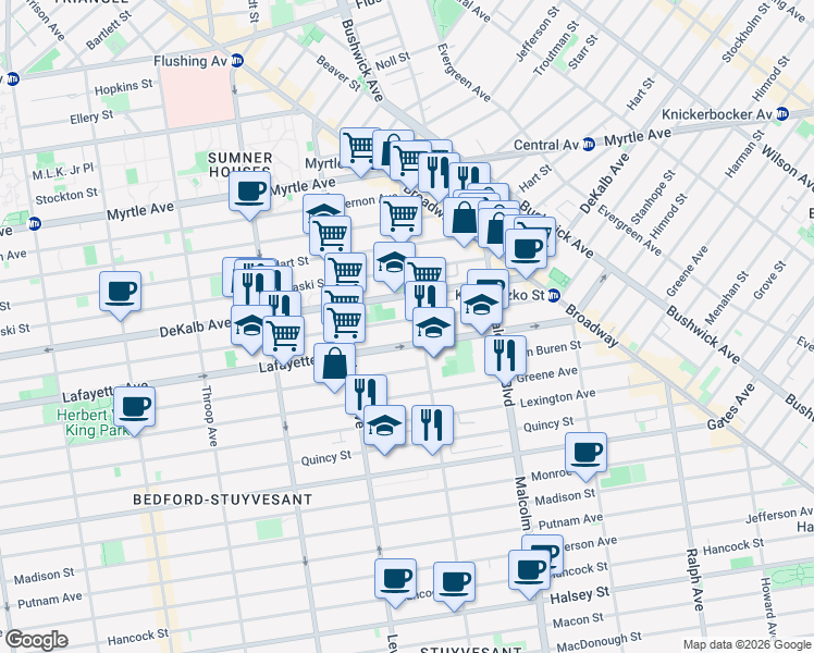 map of restaurants, bars, coffee shops, grocery stores, and more near 490 Kosciuszko Street in Brooklyn