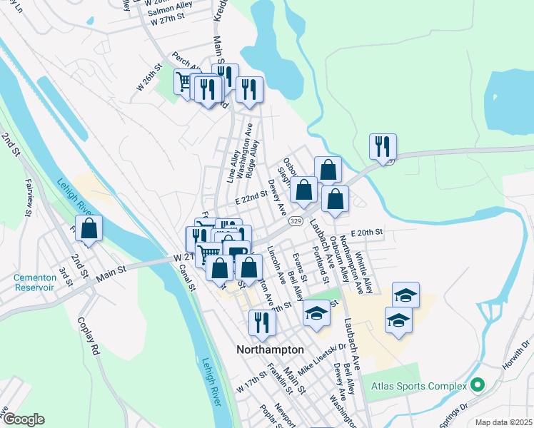 map of restaurants, bars, coffee shops, grocery stores, and more near 235 Station Alley in Northampton