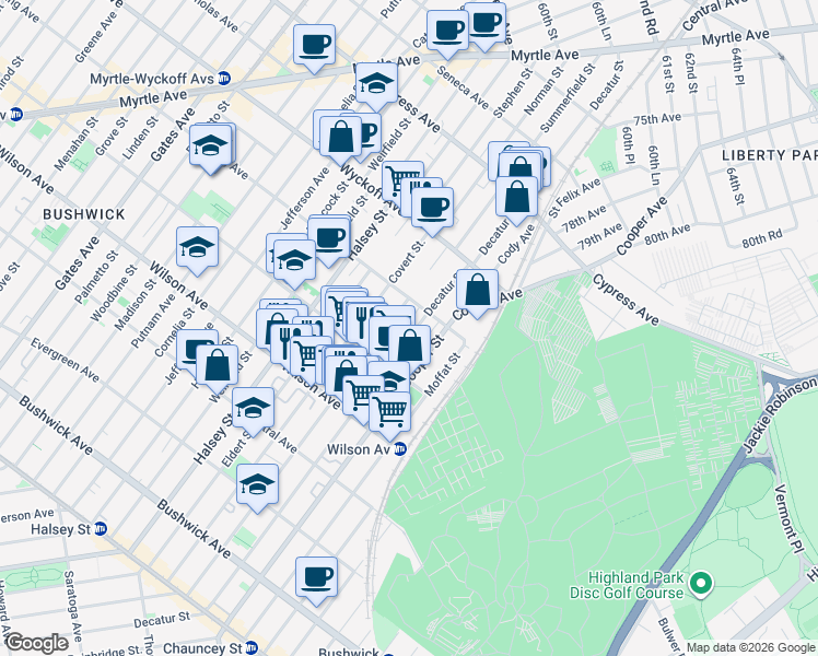 map of restaurants, bars, coffee shops, grocery stores, and more near 1361 Decatur Street in Brooklyn
