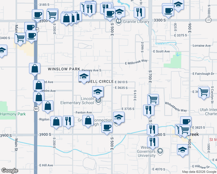 map of restaurants, bars, coffee shops, grocery stores, and more near 3646 500 East in South Salt Lake