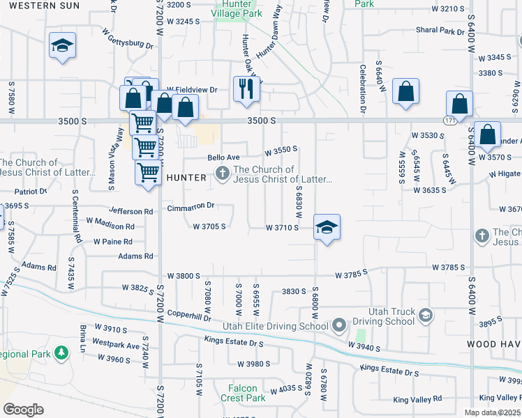 map of restaurants, bars, coffee shops, grocery stores, and more near 3687 Royal Scott Drive in West Valley City