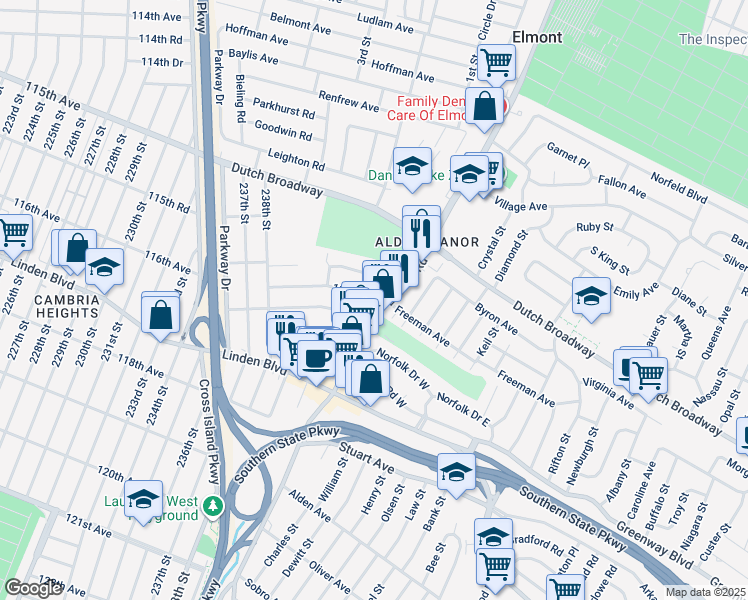 map of restaurants, bars, coffee shops, grocery stores, and more near 11605 240th Street in Elmont