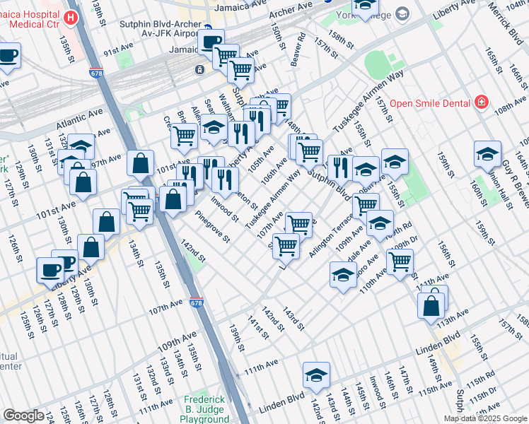 map of restaurants, bars, coffee shops, grocery stores, and more near 106-44 Princeton Street in Queens