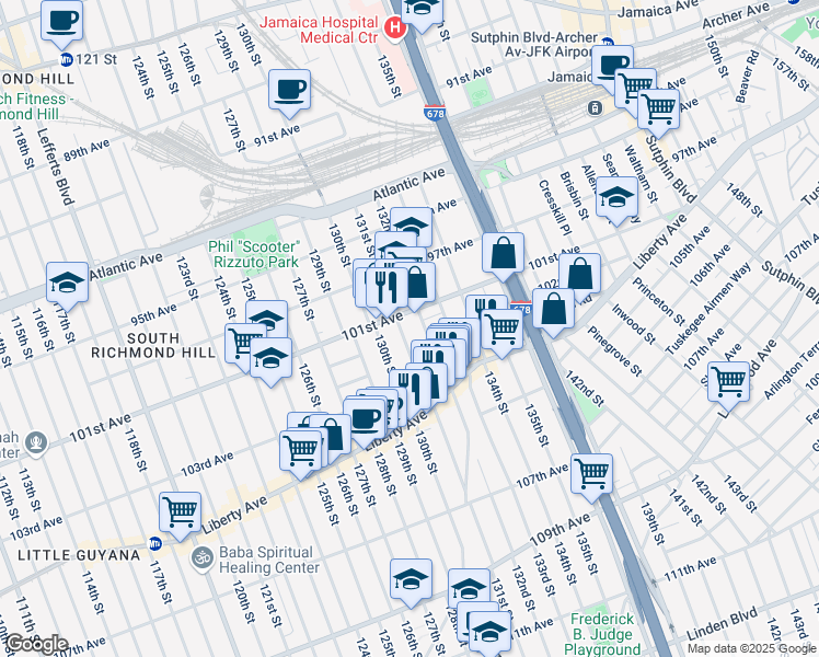 map of restaurants, bars, coffee shops, grocery stores, and more near 101-34 132nd Street in Queens