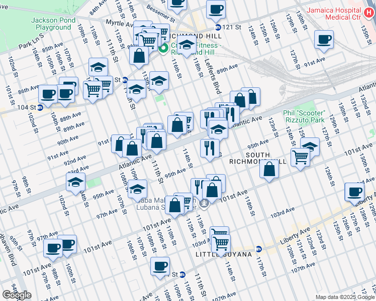 map of restaurants, bars, coffee shops, grocery stores, and more near 94-29 114th Street in Queens