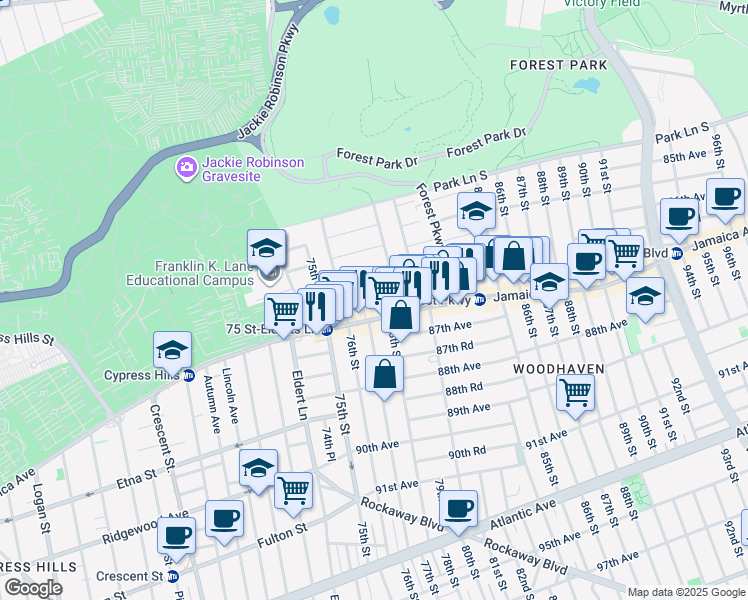 map of restaurants, bars, coffee shops, grocery stores, and more near 77-07 Jamaica Avenue in Queens