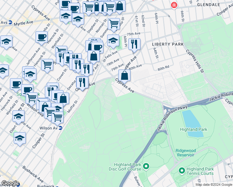 map of restaurants, bars, coffee shops, grocery stores, and more near Unnamed Road in Queens