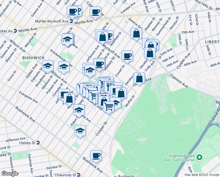 map of restaurants, bars, coffee shops, grocery stores, and more near 830 Knickerbocker Avenue in Brooklyn