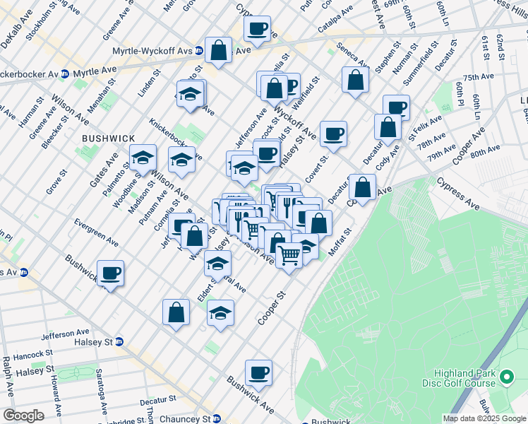 map of restaurants, bars, coffee shops, grocery stores, and more near 273 Eldert Street in Brooklyn