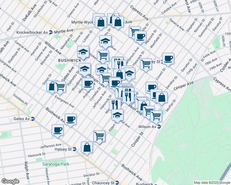 map of restaurants, bars, coffee shops, grocery stores, and more near 1232 Hancock Street in Brooklyn