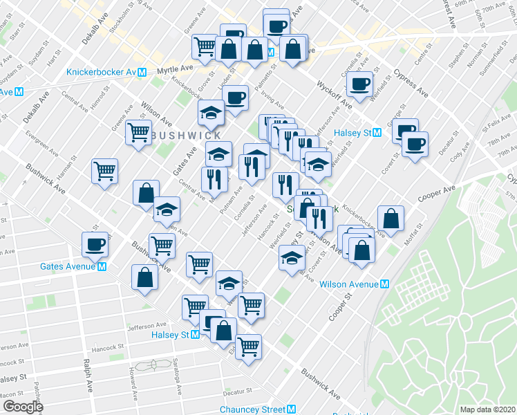 map of restaurants, bars, coffee shops, grocery stores, and more near 1266 Jefferson Avenue in Brooklyn