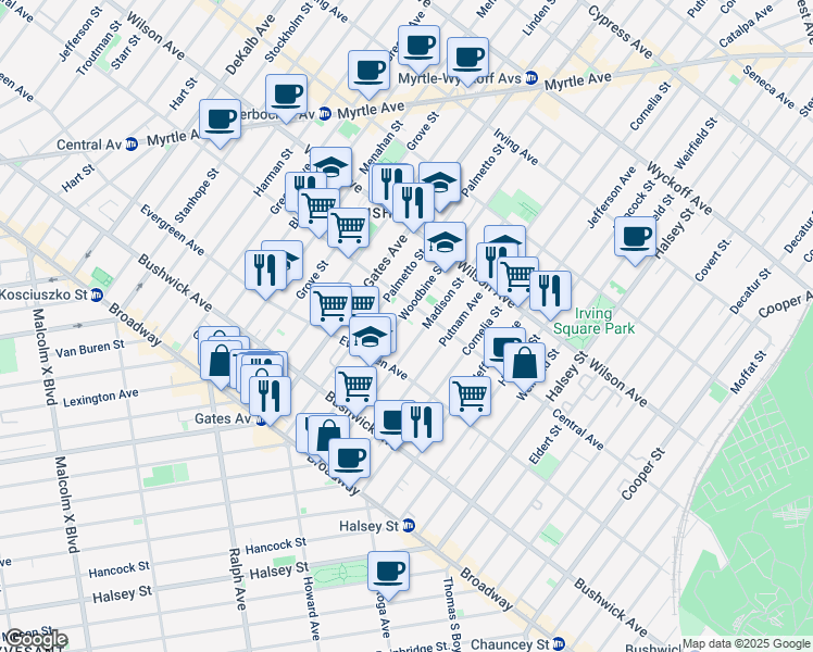 map of restaurants, bars, coffee shops, grocery stores, and more near 122 Woodbine Street in Brooklyn