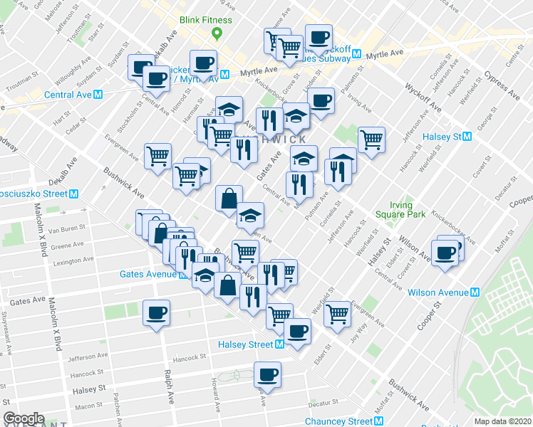 map of restaurants, bars, coffee shops, grocery stores, and more near 122 Woodbine Street in Brooklyn