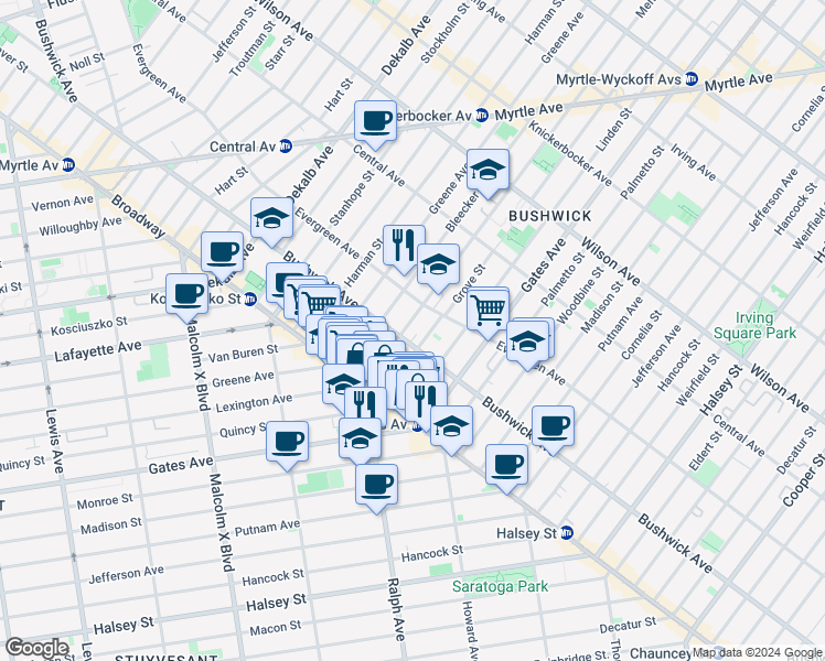 map of restaurants, bars, coffee shops, grocery stores, and more near 978 Bushwick Avenue in Brooklyn