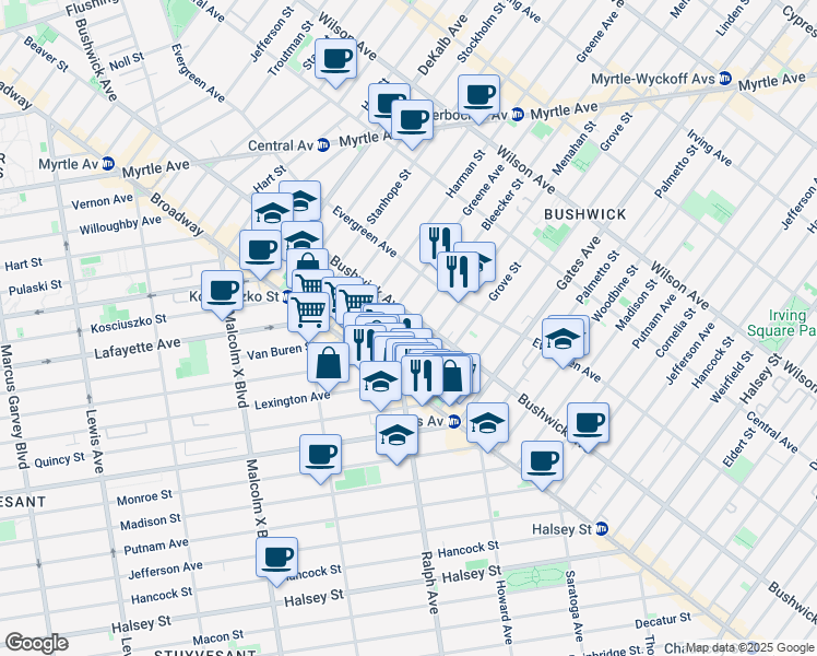 map of restaurants, bars, coffee shops, grocery stores, and more near 13 Goodwin Place in Brooklyn