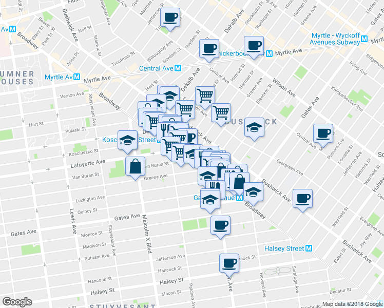 map of restaurants, bars, coffee shops, grocery stores, and more near in Brooklyn