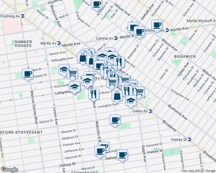 map of restaurants, bars, coffee shops, grocery stores, and more near 495 Van Buren Street in Brooklyn