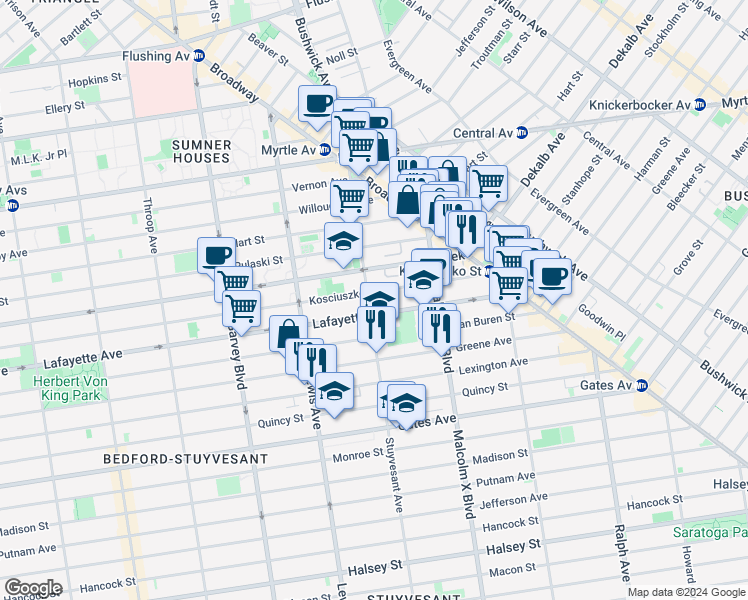 map of restaurants, bars, coffee shops, grocery stores, and more near 963 Lafayette Avenue in Brooklyn