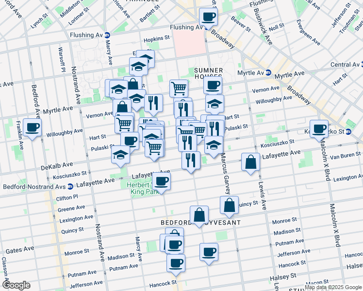 map of restaurants, bars, coffee shops, grocery stores, and more near 804 Dekalb Avenue in Brooklyn