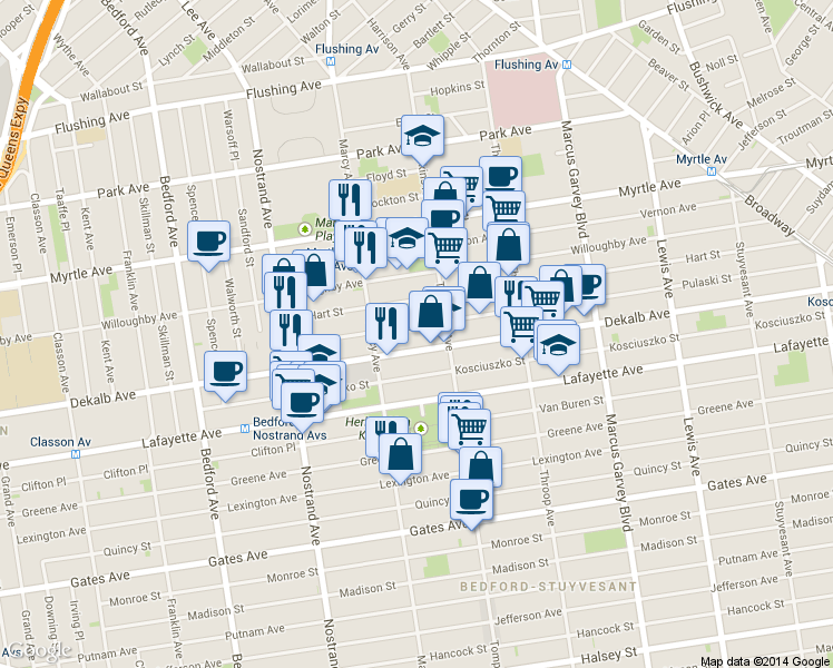 map of restaurants, bars, coffee shops, grocery stores, and more near 132 Pulaski Street in Brooklyn