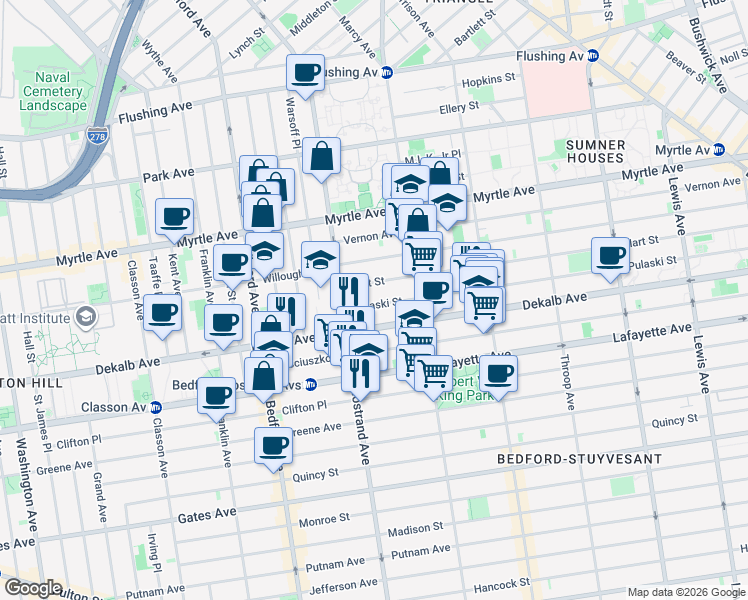 map of restaurants, bars, coffee shops, grocery stores, and more near 42 Pulaski Street in Brooklyn