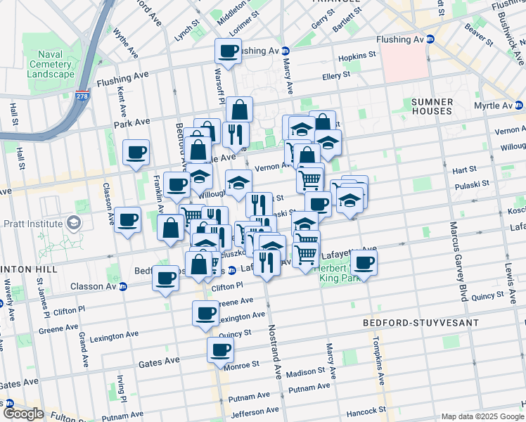 map of restaurants, bars, coffee shops, grocery stores, and more near 207 Nostrand Avenue in Brooklyn