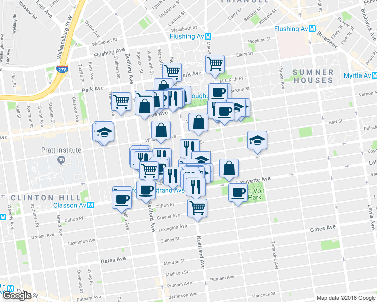 map of restaurants, bars, coffee shops, grocery stores, and more near 207 Nostrand Avenue in Brooklyn