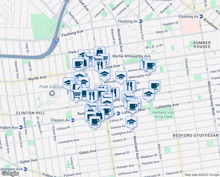 map of restaurants, bars, coffee shops, grocery stores, and more near 205 Spencer Street in Brooklyn