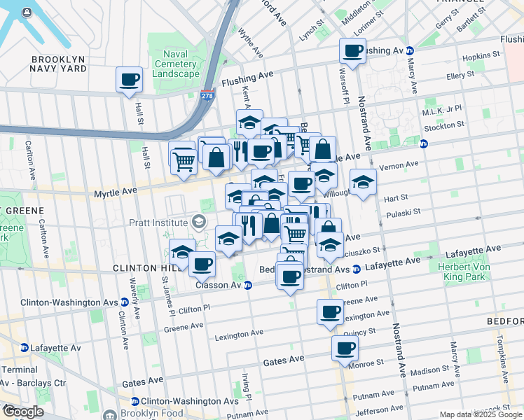 map of restaurants, bars, coffee shops, grocery stores, and more near 213 Taaffe Place in Brooklyn