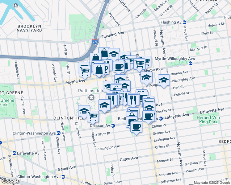 map of restaurants, bars, coffee shops, grocery stores, and more near 213 Taaffe Place in Brooklyn
