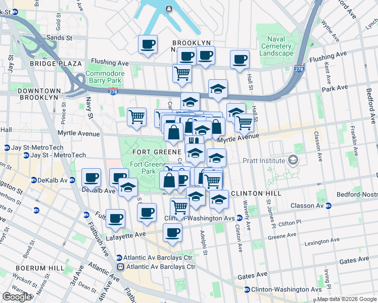 map of restaurants, bars, coffee shops, grocery stores, and more near 191 Carlton Avenue in Brooklyn