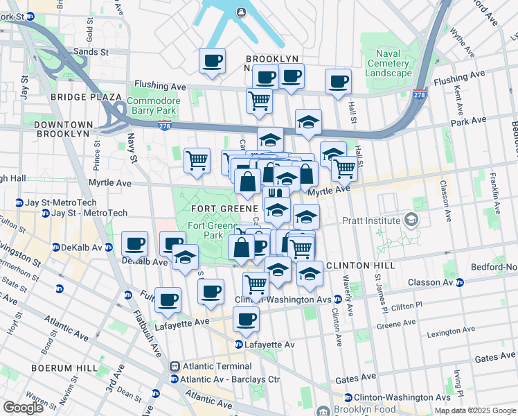 map of restaurants, bars, coffee shops, grocery stores, and more near 191 Carlton Avenue in Brooklyn