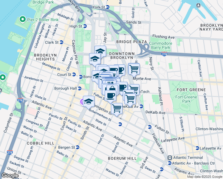 map of restaurants, bars, coffee shops, grocery stores, and more near 111 Lawrence Street in Brooklyn