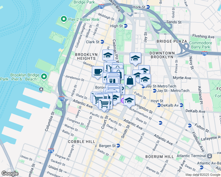 map of restaurants, bars, coffee shops, grocery stores, and more near 86 Court Street in Brooklyn