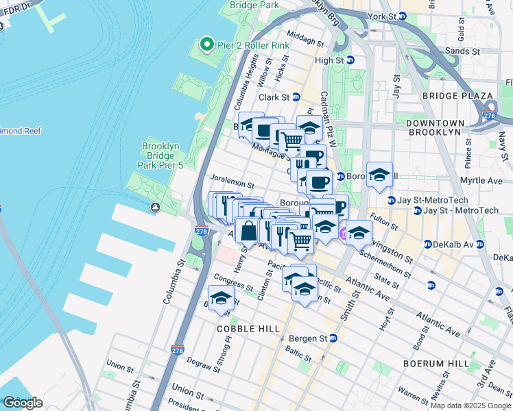 map of restaurants, bars, coffee shops, grocery stores, and more near 38 Sidney Place in Brooklyn