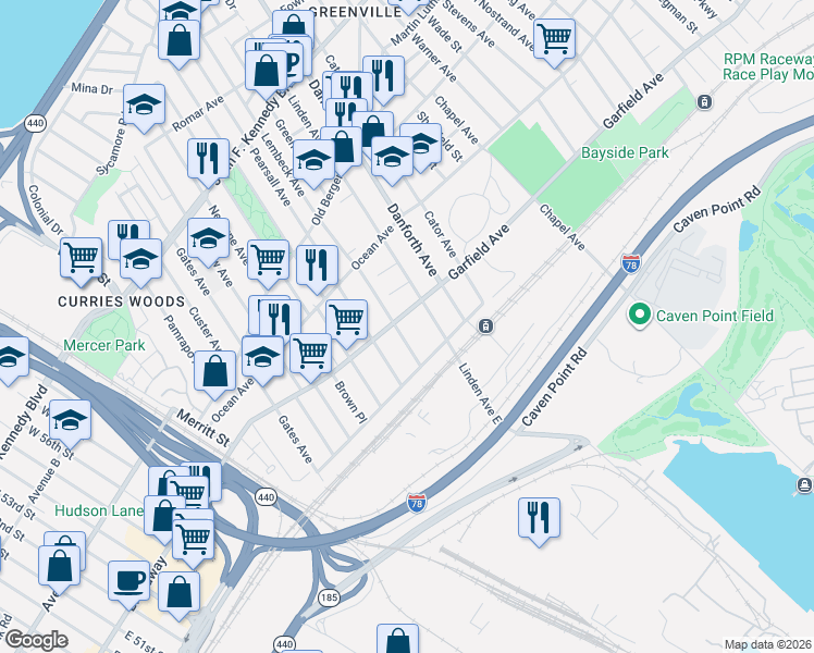 map of restaurants, bars, coffee shops, grocery stores, and more near 242 Garfield Avenue in Jersey City