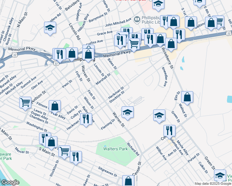 map of restaurants, bars, coffee shops, grocery stores, and more near 338 Heckman Street in Phillipsburg