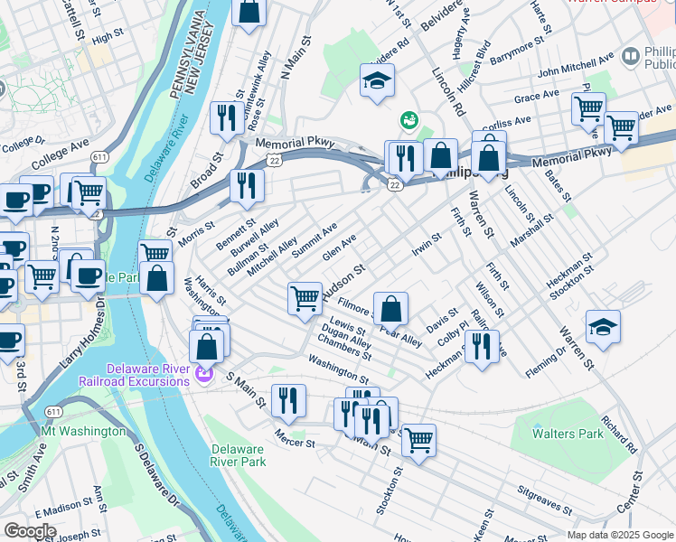 map of restaurants, bars, coffee shops, grocery stores, and more near 186 Hudson Street in Phillipsburg