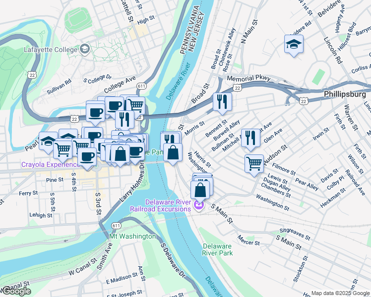 map of restaurants, bars, coffee shops, grocery stores, and more near 49 Washington Street in Phillipsburg