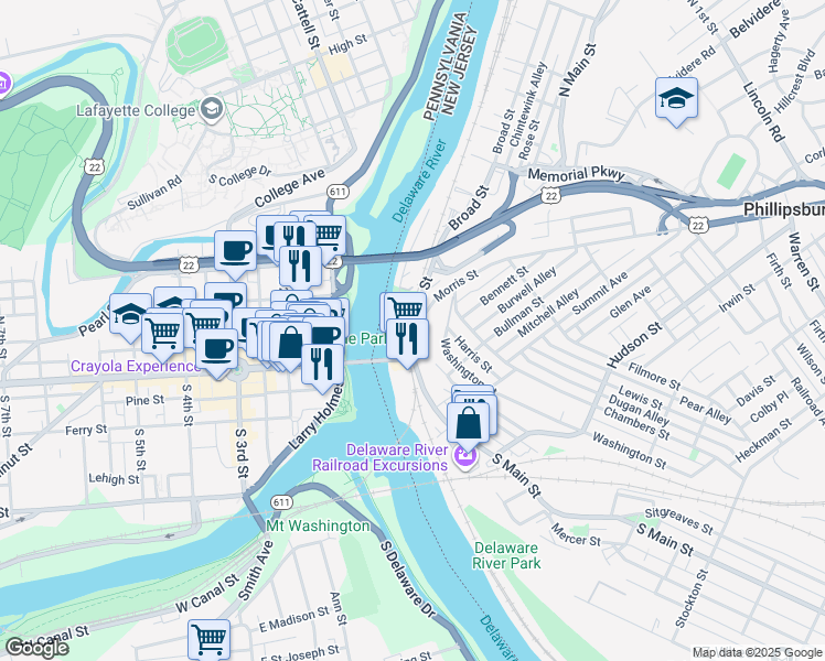 map of restaurants, bars, coffee shops, grocery stores, and more near 16 North Main Street in Phillipsburg