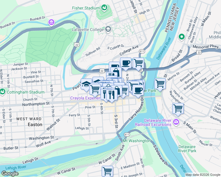 map of restaurants, bars, coffee shops, grocery stores, and more near 24 North 3rd Street in Easton