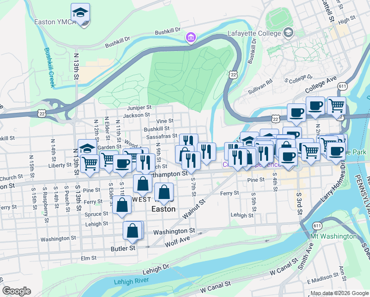map of restaurants, bars, coffee shops, grocery stores, and more near 719 Pearl Street in Easton