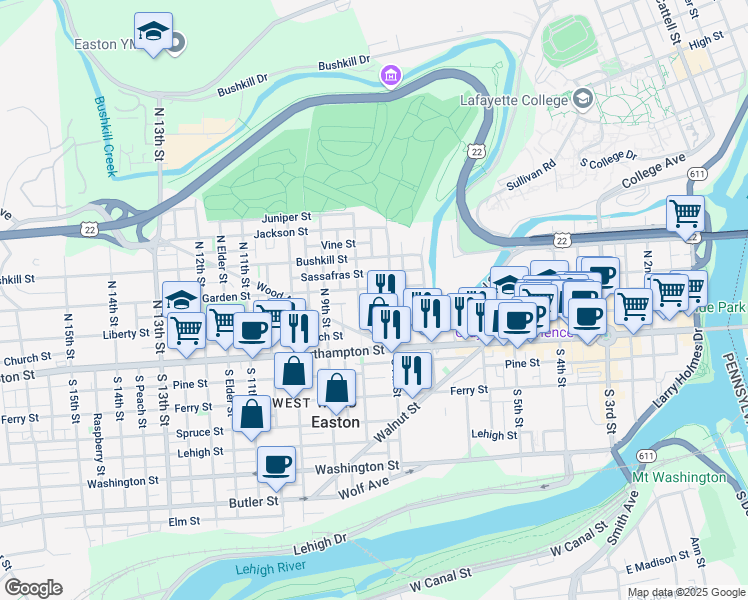 map of restaurants, bars, coffee shops, grocery stores, and more near 719 Pearl Street in Easton