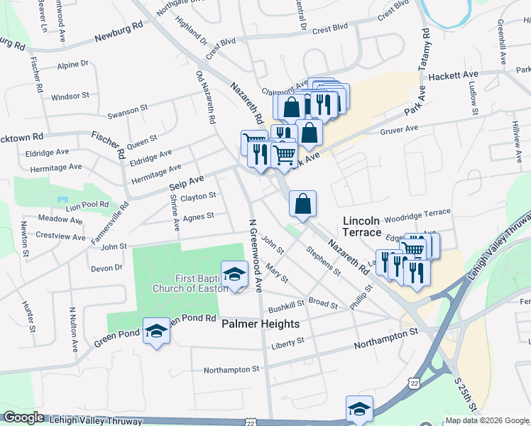 map of restaurants, bars, coffee shops, grocery stores, and more near 404 North Greenwood Avenue in Easton