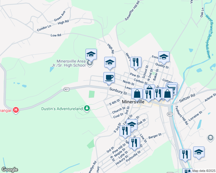 map of restaurants, bars, coffee shops, grocery stores, and more near 501 Sunbury Street in Minersville