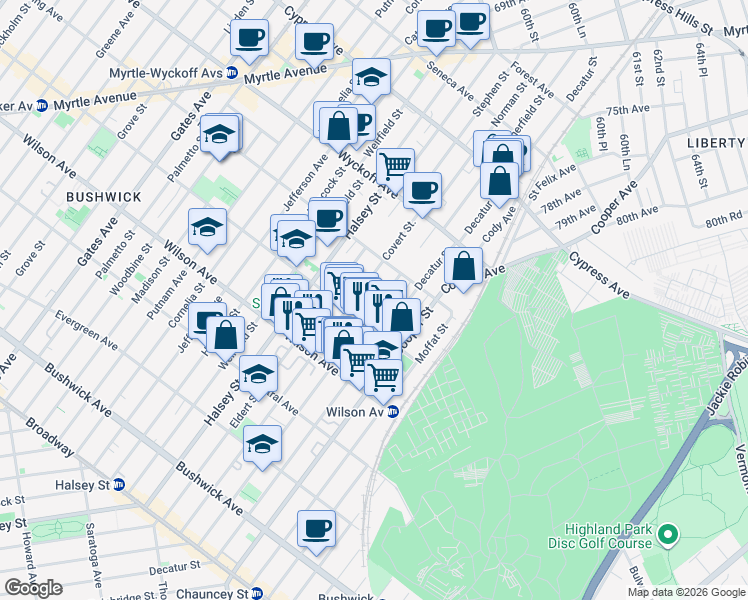 map of restaurants, bars, coffee shops, grocery stores, and more near in Brooklyn