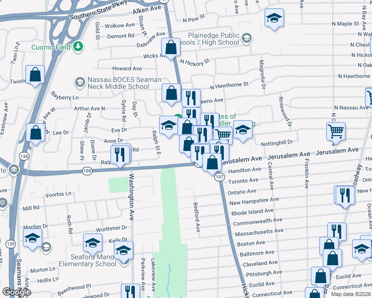 map of restaurants, bars, coffee shops, grocery stores, and more near 1336 Hicksville Road in Seaford