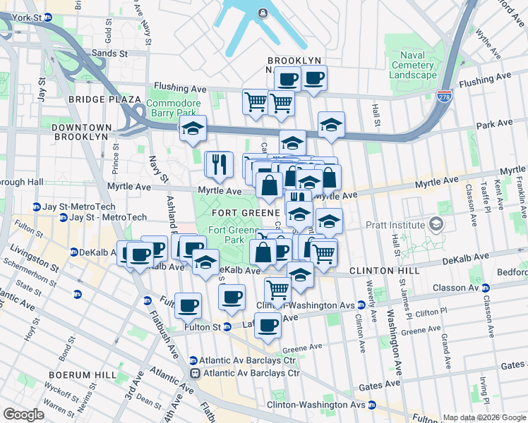 map of restaurants, bars, coffee shops, grocery stores, and more near 167 Washington Park in Brooklyn