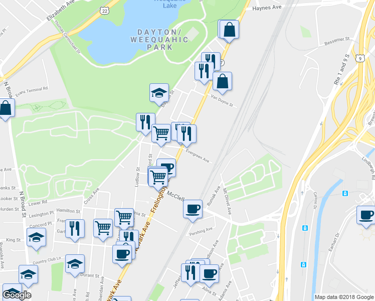 map of restaurants, bars, coffee shops, grocery stores, and more near 151 Evergreen Avenue in Newark