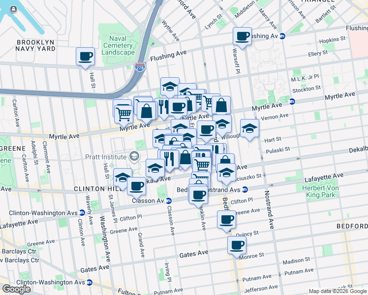 map of restaurants, bars, coffee shops, grocery stores, and more near 300 Willoughby Avenue in Brooklyn